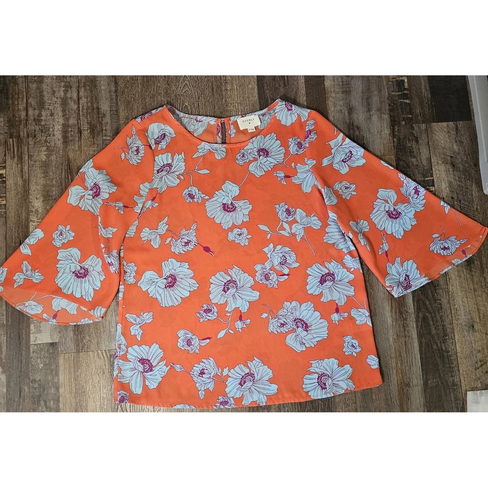 Everly Spring Poppy Floral Blouse Women Small S Orange & Blue Lagenlook blouse